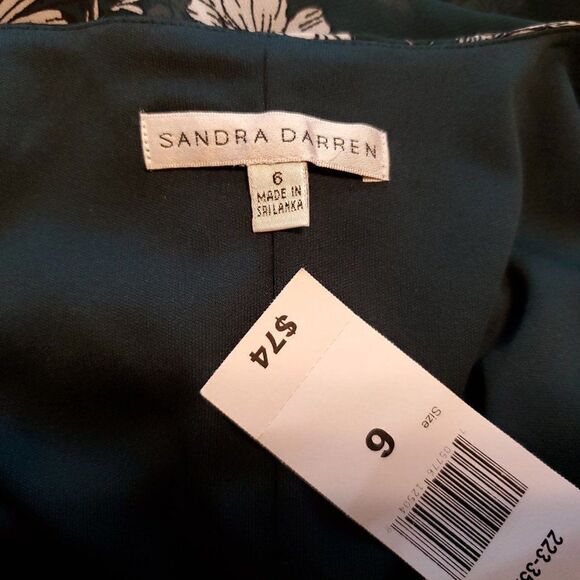 NEW Sandra Darren Floral Dress Sz 6 Sheer Green Belted Waisted A-Line V-Neck - Picture 7 of 7